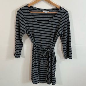 Motherhood Maternity Gray Black Striped Tunic Dress Tie Waist Size M
